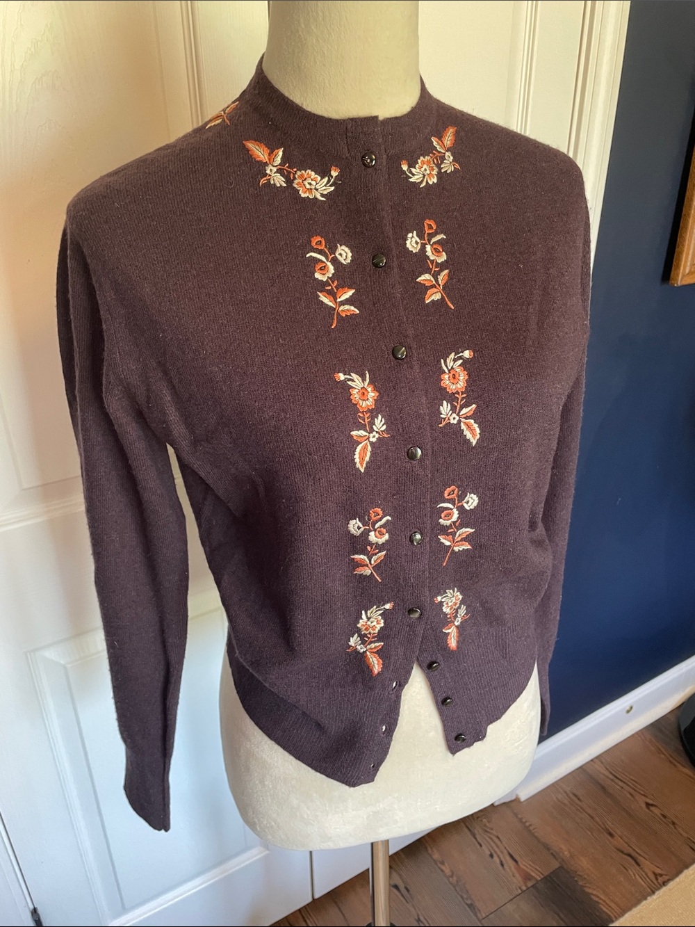 Vintage 50s Lux Luisa Spagnoli Brown Wool Embroidered Button-Front Cardigan Sz S
